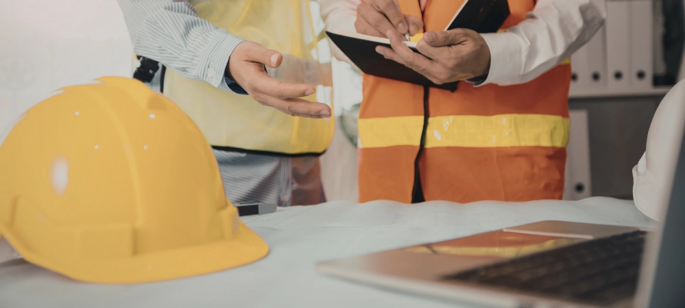 Two stakeholders reviewing and auditing construction company digital marketing