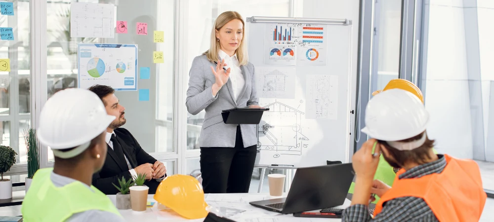 Construction company marketing meeting in conference room