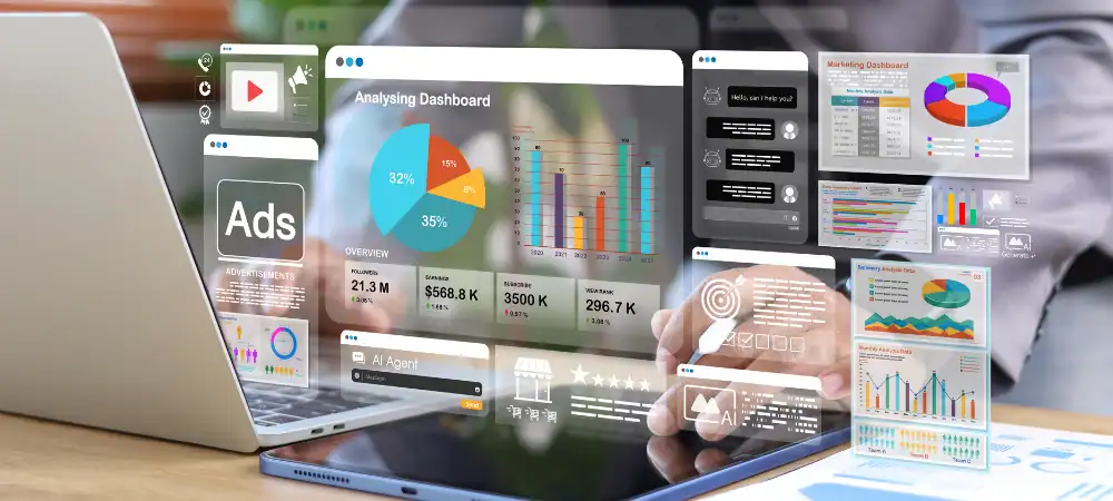b2b-digital-marketing-agency-services-dashboard A marketing manager at a B2B Digital Marketing Agency using a laptop to view reporting dashboards and digital metrics that measure the performance of marketing services